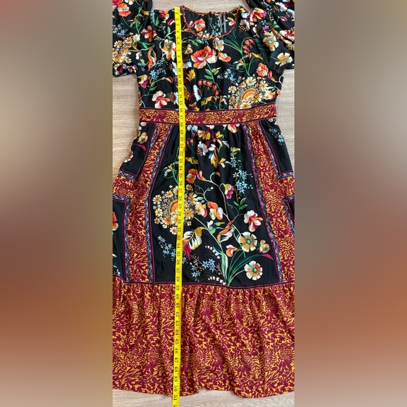 Anthropologie Floral Patchwork Velvet Trim Midi Dress Size 16 Boho Modest - Picture 16 of 16